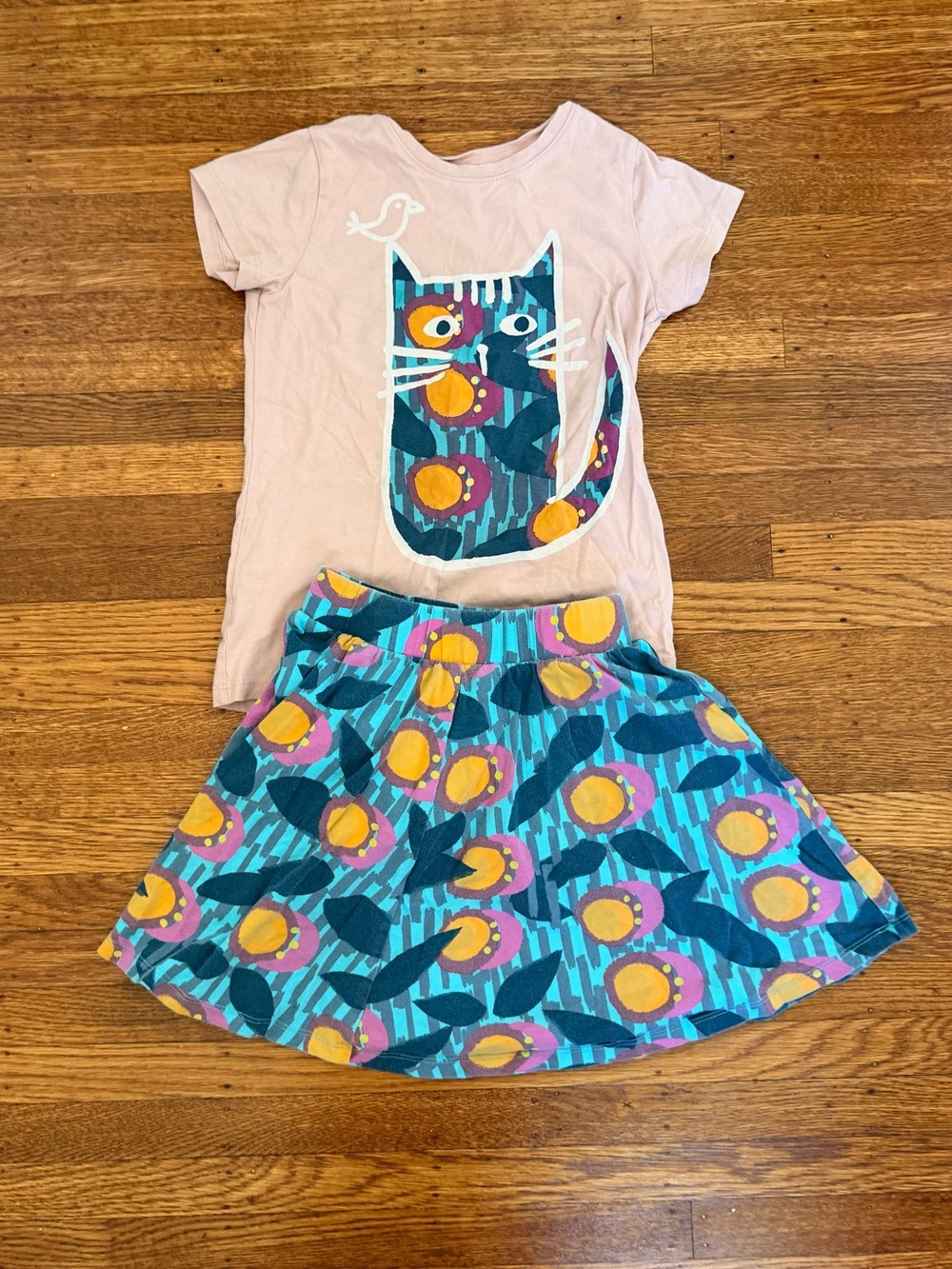 Tea Collection Pink Tee and Blue Floral Skirt Set